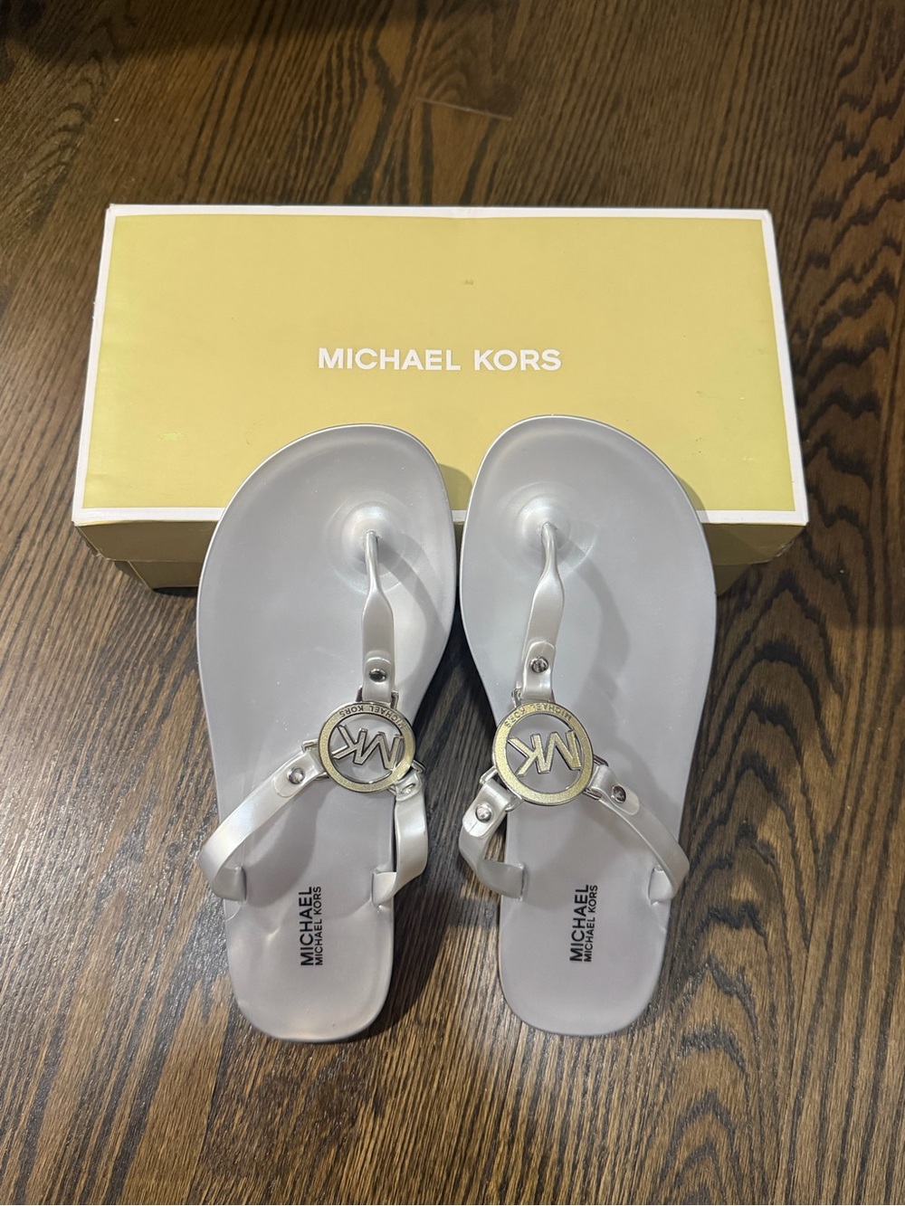 Michael Kors Silver Logo Jelly Thong Sandals